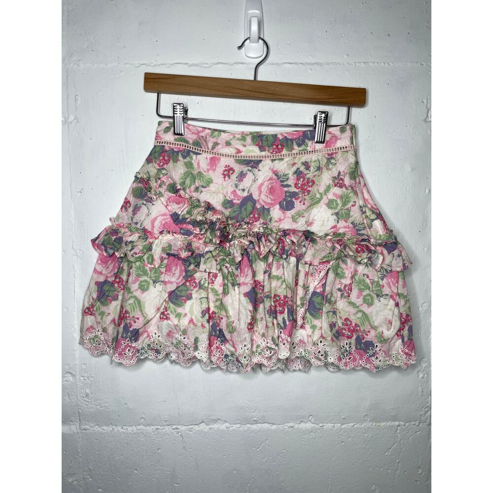 LoveShackFancy White Cream Ruffled Skater Mini Skirt Size 0 Pink Floral